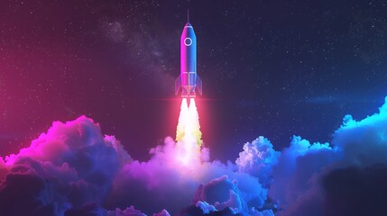 Naklejka premium 3d illustration rocket space colorful holographic in dark background for Business start up and science concept