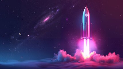 3d illustration rocket space colorful holographic in dark background for Business start up and science concept