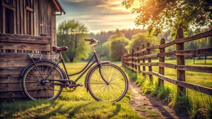 Fototapeta premium Background featuring a vintage bicycle leaning against a rustic wooden fence in a countryside setting, bicycle, vintage