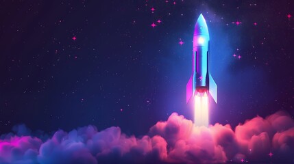 3d illustration rocket space colorful holographic in dark background for Business start up and science concept