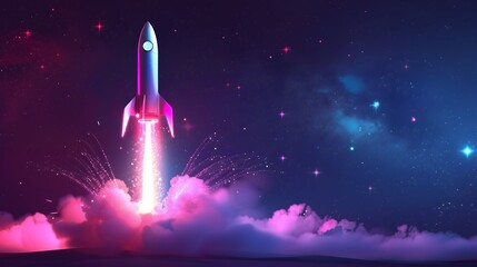 Fototapeta premium 3d illustration rocket space colorful holographic in dark background for Business start up and science concept