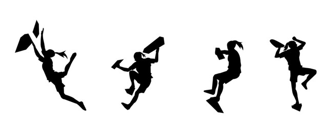 wall climbing, rock climbing, silhouette set. sport, extreme, bouldering. different actions, poses. vector illustration.