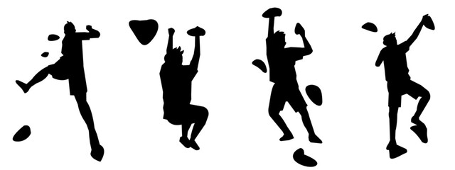 wall climbing, rock climbing, silhouette set. sport, extreme, bouldering. different actions, poses. vector illustration.