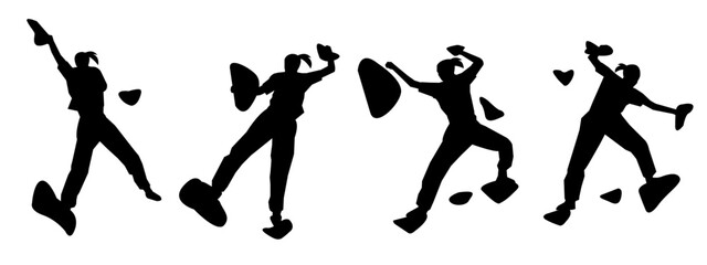wall climbing, rock climbing, silhouette set. sport, extreme, bouldering. different actions, poses. vector illustration.