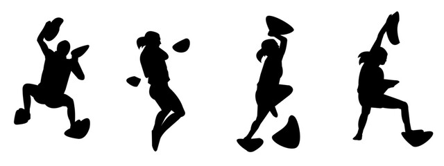 wall climbing, rock climbing, silhouette set. sport, extreme, bouldering. different actions, poses. vector illustration.