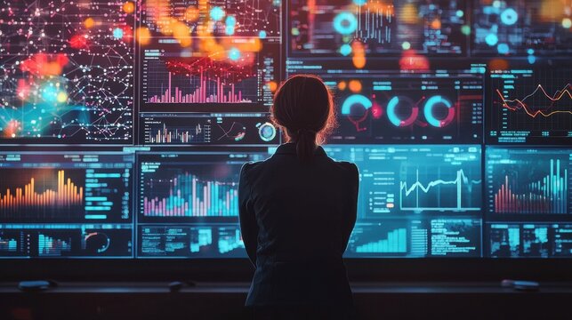 A data scientist immersed in visualizing complex datasets on a large screen AI-driven analytics tools providing deep insights into patterns and trends modern workspace filled with technology monitors