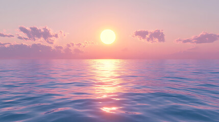The peaceful moment of a sunset over a tranquil sea, where the horizon is barely visible as the sky and water blend into a gradient of soft pastels.