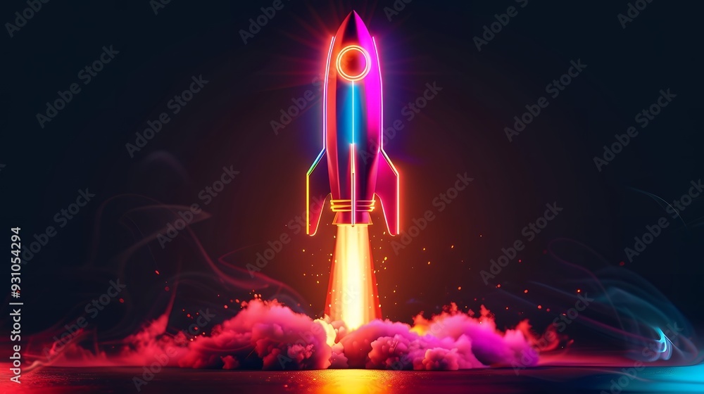 Wall mural 3d illustration rocket space colorful holographic in dark background for business start up and scien