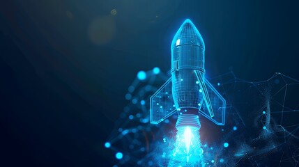 Blue glowing light bulb rocket launch with a wireframe light connection structure. Low poly style design with an abstract geometric background. Isolated  illustration. Modern 3D graphic concept.