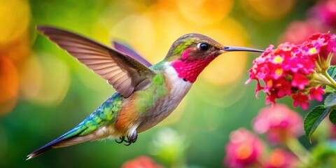 Fototapeta premium A close-up shot of a colorful Humminbird bird feeding on nectar in a garden, bird, wildlife, nature, hummingbird, feathers