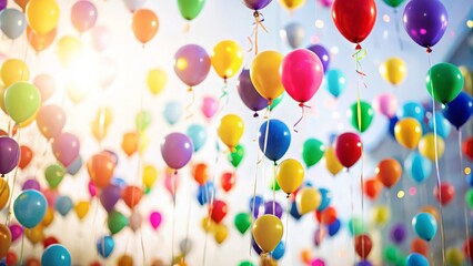 Background blur of colorful party balloons during a celebration.
