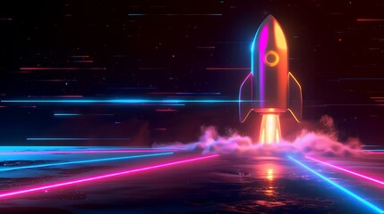 3d illustration rocket space colorful holographic in dark background for Business start up and science concept