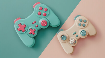 Pair of pastel-colored game controllers on contrasting pink and blue backgrounds