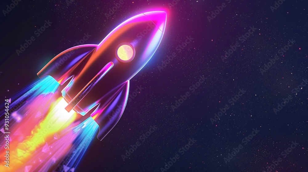Wall mural 3d illustration rocket space colorful holographic in dark background for business start up and scien