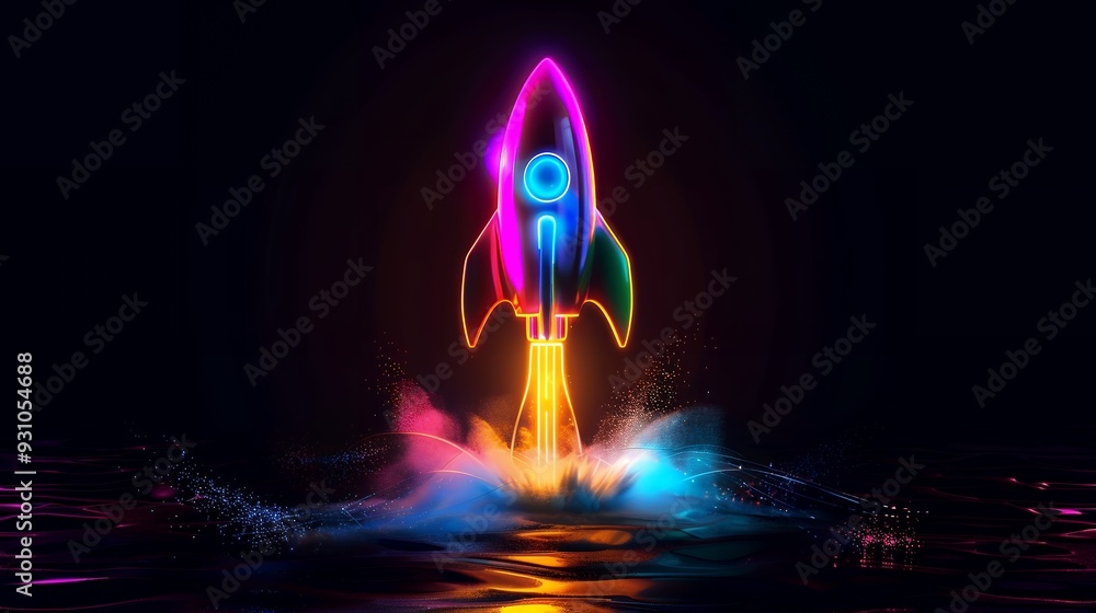 Wall mural 3d illustration rocket space colorful holographic in dark background for business start up and scien
