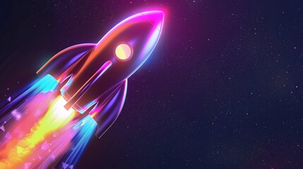 3d illustration rocket space colorful holographic in dark background for Business start up and science concept