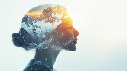 A serene profile of a woman with a double exposure of majestic mountains and sunlight, symbolizing dreams and nature's beauty.