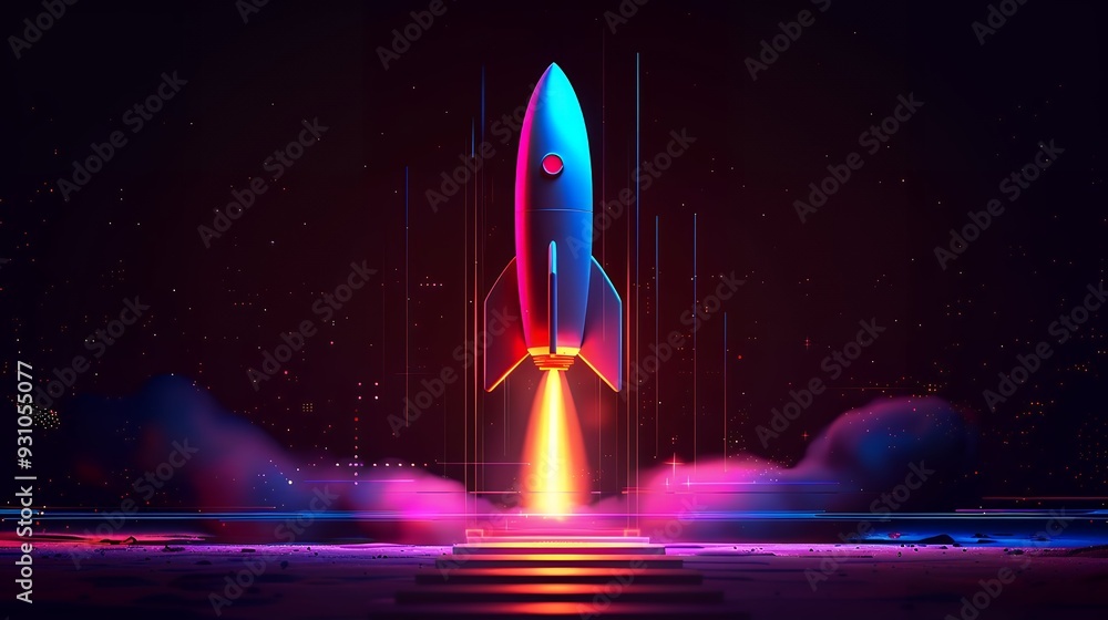 Wall mural 3d illustration rocket space colorful holographic in dark background for business start up and scien