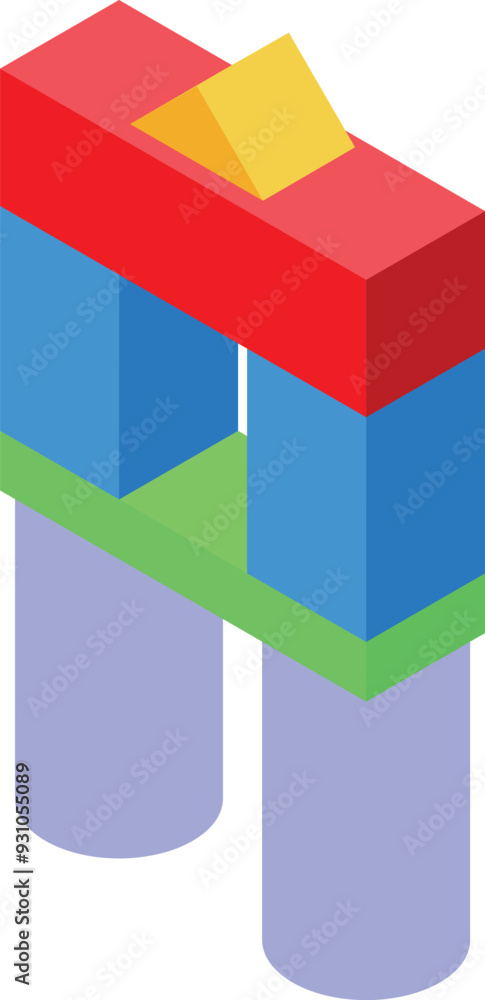 Poster Colorful toy blocks tower balancing on two columns isometrically isolated on white