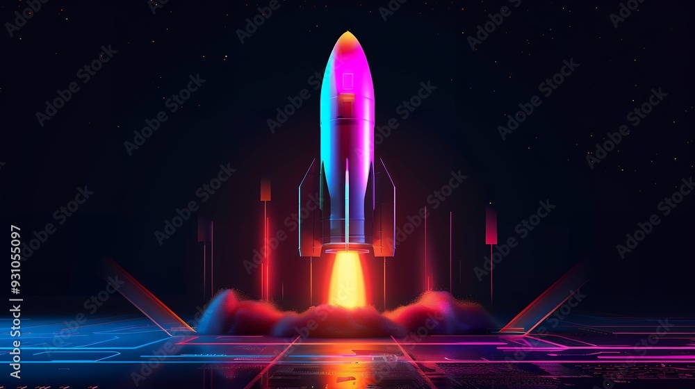 Wall mural 3d illustration rocket space colorful holographic in dark background for business start up and scien