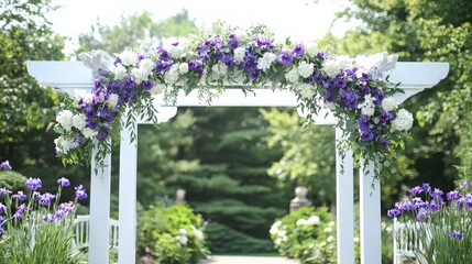 Beautiful floral arch adorned with purple and white flowers creating a romantic setting for weddings or special events.