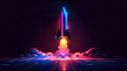 3d illustration rocket space colorful holographic in dark background for Business start up and science concept