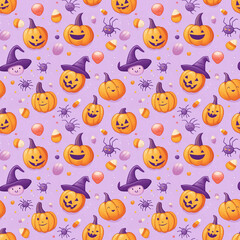Seamless Halloween Pattern with Cute Pumpkins, Candy, and Spiders on Pastel Background