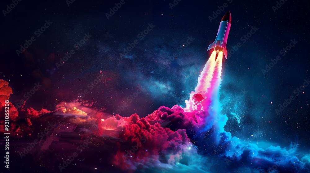 Wall mural 3d illustration rocket space colorful holographic in dark background for business start up and scien