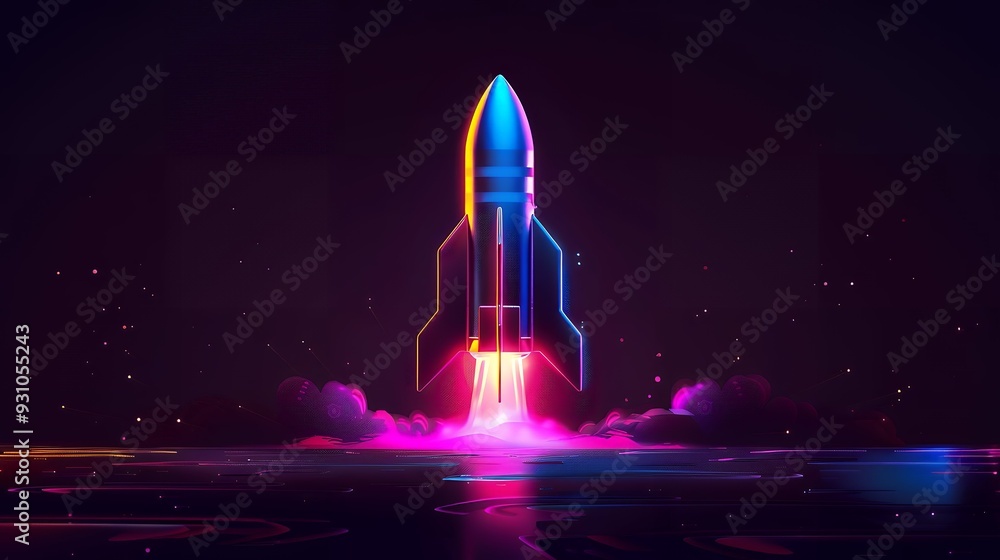 Wall mural 3d illustration rocket space colorful holographic in dark background for business start up and scien