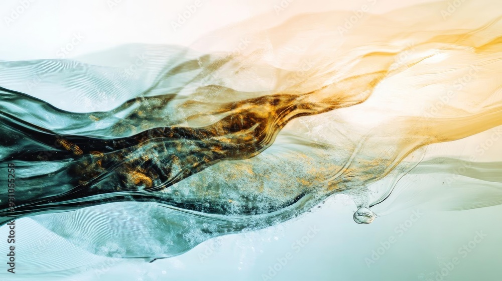 Poster dynamic wave patterns with a blend of vibrant colors capturing the essence of fluid motion and tranq
