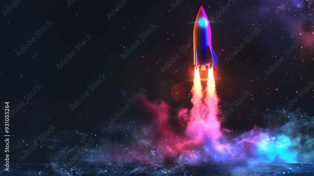 Wall mural 3d illustration rocket space colorful holographic in dark background for business start up and scien