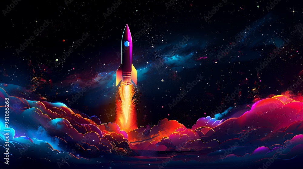 Wall mural 3d illustration rocket space colorful holographic in dark background for business start up and scien