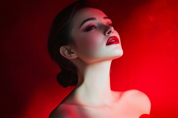 Obraz premium Portrait of a confident woman with a white face, dressed in red with red lipstick, her body arched back slightly, red lighting accentuating her curves, set against a glowing red background with hints