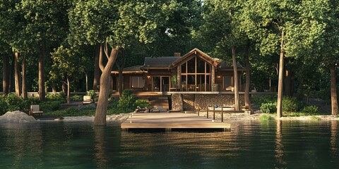 Obraz premium Lake house with a dock and natural tree landscaping, lakeside cabin on the lake concept