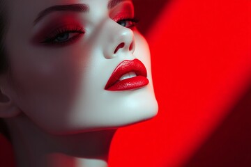 Portrait close-up of a beautiful woman with a white face, dressed in red with red lipstick, her lips matching the red lighting casting shadows on her face, against a dark red background