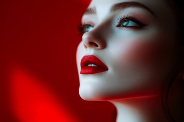 Portrait close-up of a beautiful woman with a white face, dressed in red with red lipstick, her lips matching the red lighting casting shadows on her face, against a dark red background