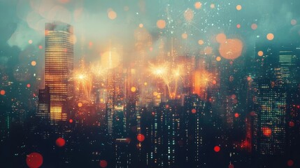 Fototapeta premium A vibrant cityscape illuminated by colorful lights, showcasing a blend of modern architecture and an enchanting ambiance.