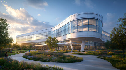 A futuristic hospital building with sleek, curved architecture, featuring a glass façade and soft white exterior.