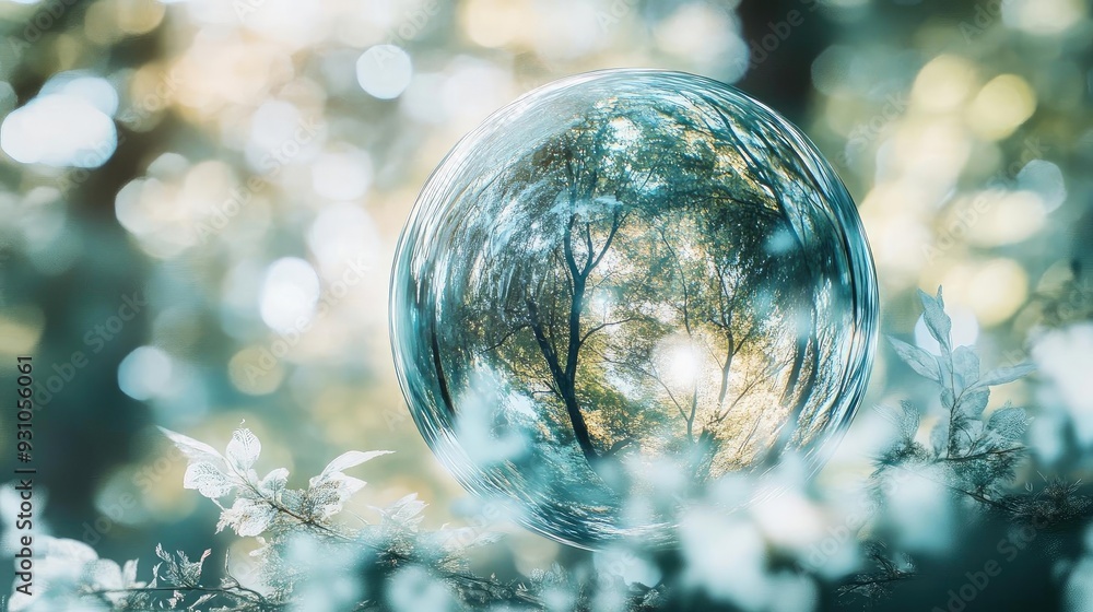 Poster a serene orb captures the reflection of trees, creating a dreamy, ethereal forest scene surrounded b