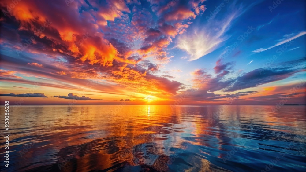 Sticker Vibrant sunset sky reflecting over calm ocean waters, sunset, ocean, water, sky, colorful, horizon, dusk, serene