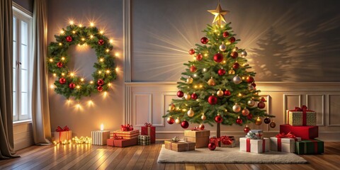 Christmas tree room decoration with cozy interior, featuring ornaments, lights, and presents , Christmas, tree, room, decoration