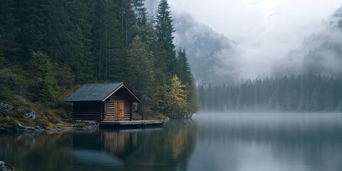 Fototapeta premium A cabin is sitting on a lake with a foggy sky in the background