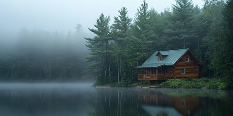 Fototapeta premium A cabin is sitting on a lake with a foggy sky in the background 
