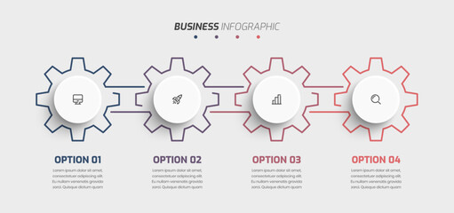 Business Infographic Gear with Thin Line Circle Label 4 Option and Icon for Presentation Chart