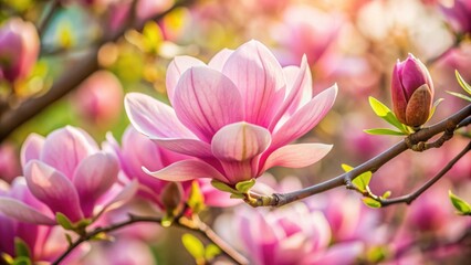 Pink magnolia flower blooming on a branch , spring, petals, blossoming, nature, floral, fragrant, delicate, beauty, closeup, plant