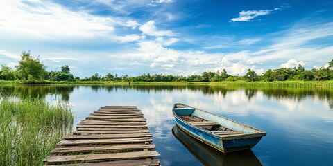Obraz premium Beautiful lake landscape with row boat and old wooden lake bridge with beautiful sky and cloud background, place for rest and relax, calm water with fresh environment.