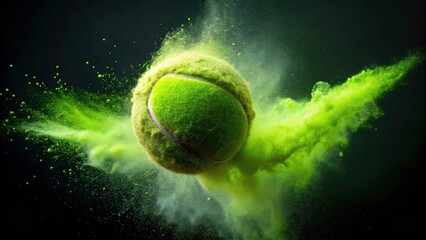 High-speed shot of a tennis ball in mid-air filled with light green powder , freeze motion, flying, sports, tennis, ball, powder