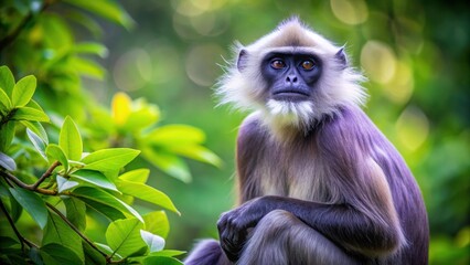 Obraz premium Purple-faced langur sitting in a tree, wildlife, primate, endangered species