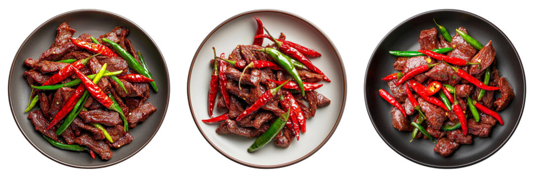 Three delicious plates of spicy beef stir fry with chili peppers and green onions. Perfect for food lovers and culinary enthusiasts