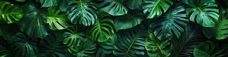 Lush green tropical leaves texture, vibrant foliage background.